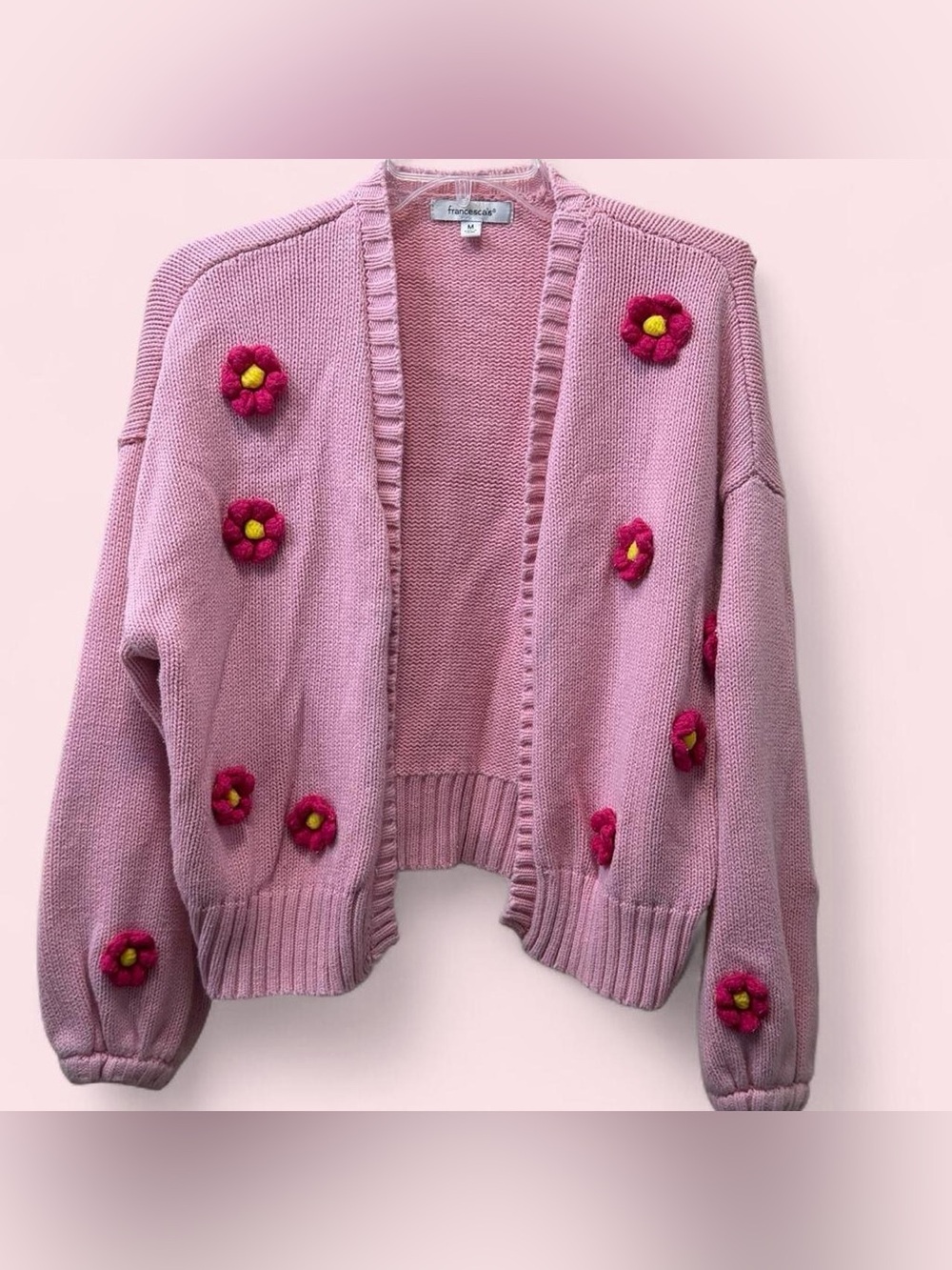 Francesca’s Pink Floral 3D Cardigan Chunky Knit Sweater Medium